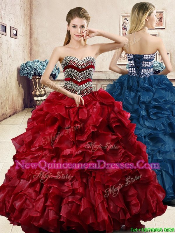 Charming Wine Red Sleeveless Beading and Ruffles Floor Length Sweet 16 Dresses