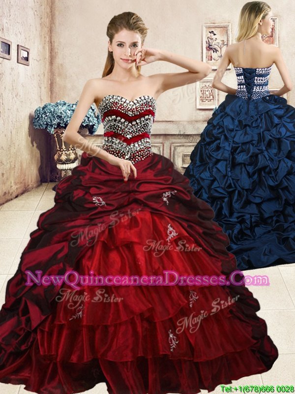 Luxury Sleeveless Organza and Taffeta Floor Length Lace Up Ball Gown Prom Dress inWine Red withBeading and Appliques and Ruffled Layers and Pick Ups