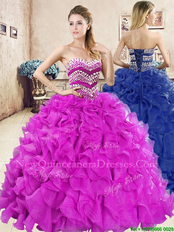 Hot Sale Ball Gowns Ball Gown Prom Dress Fuchsia Sweetheart Organza Sleeveless Floor Length Lace Up
