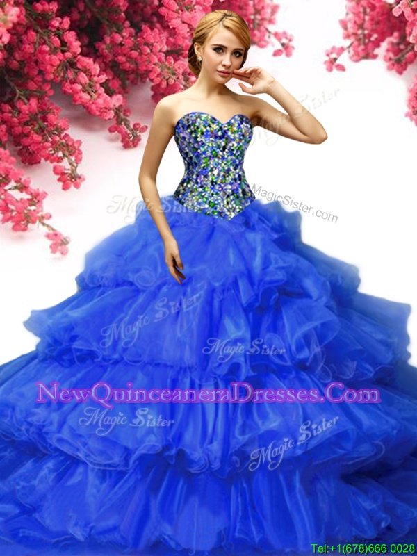 Admirable Ruffled Ball Gowns 15 Quinceanera Dress Royal Blue Sweetheart Organza Sleeveless Floor Length Lace Up