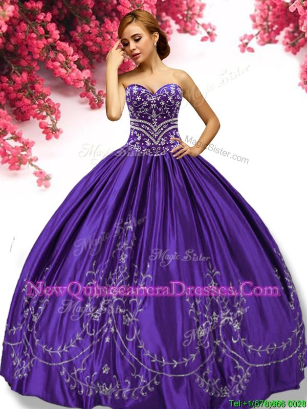 Traditional Purple Taffeta Lace Up Sweetheart Sleeveless Floor Length Sweet 16 Dress Embroidery