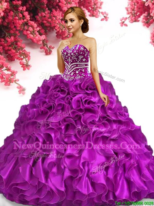 Vintage Sleeveless Floor Length Beading and Ruffles Lace Up Sweet 16 Dresses with Fuchsia