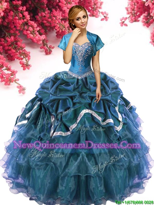 Simple Teal Sweetheart Lace Up Beading and Ruffles and Pick Ups 15 Quinceanera Dress Sleeveless