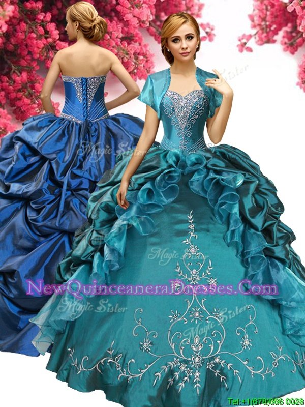 Sumptuous Sweetheart Sleeveless Ball Gown Prom Dress Floor Length Beading and Embroidery and Pick Ups Teal Taffeta