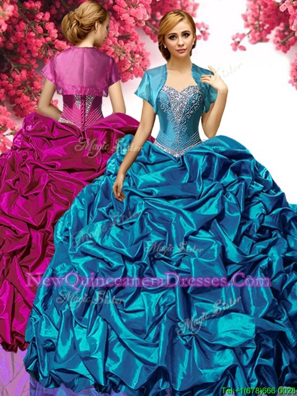 Stunning Aqua Blue Taffeta Lace Up Sweetheart Sleeveless With Train 15th Birthday Dress Sweep Train Beading