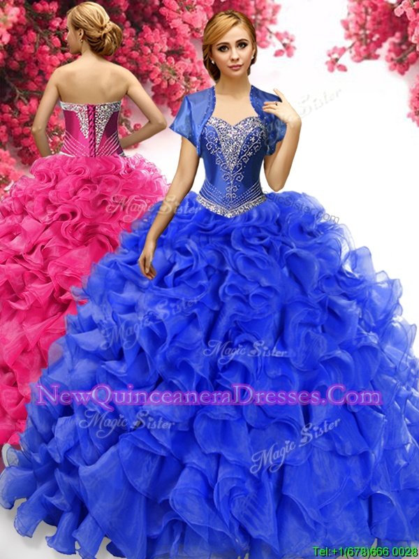 Eye-catching Sweetheart Sleeveless Organza Ball Gown Prom Dress Beading and Ruffles Sweep Train Lace Up