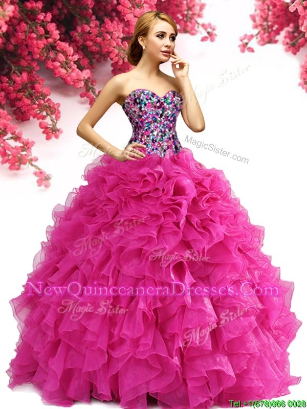 Exceptional Hot Pink Sweetheart Lace Up Beading and Ruffles Quince Ball Gowns Sleeveless