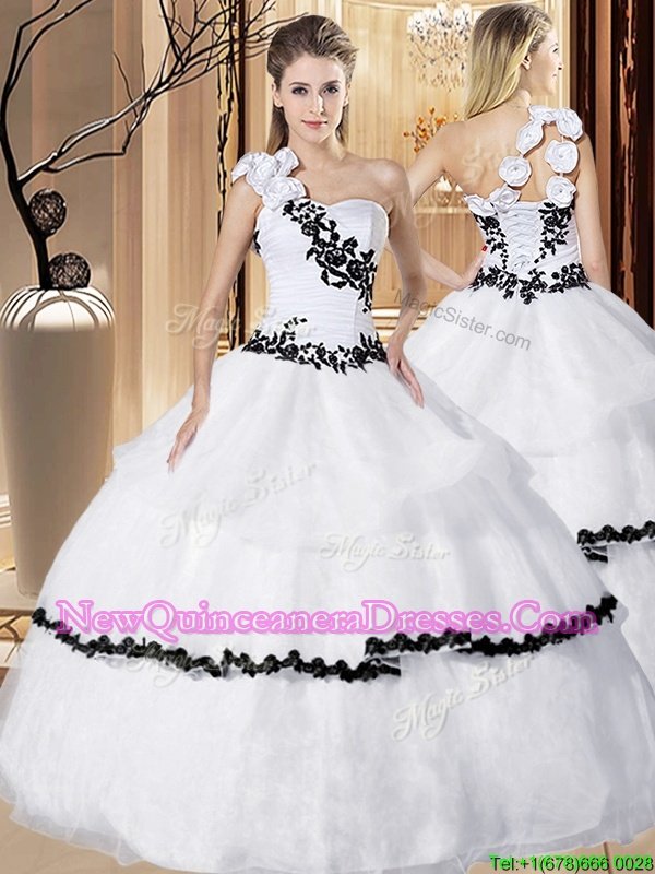 Attractive One Shoulder Spring and Summer and Fall and Winter Organza Sleeveless Floor Length Sweet 16 Dress andAppliques and Hand Made Flower