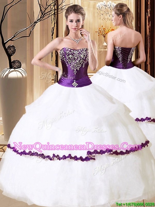 Dynamic White And Purple Organza Lace Up Strapless Sleeveless Floor Length Sweet 16 Quinceanera Dress Beading