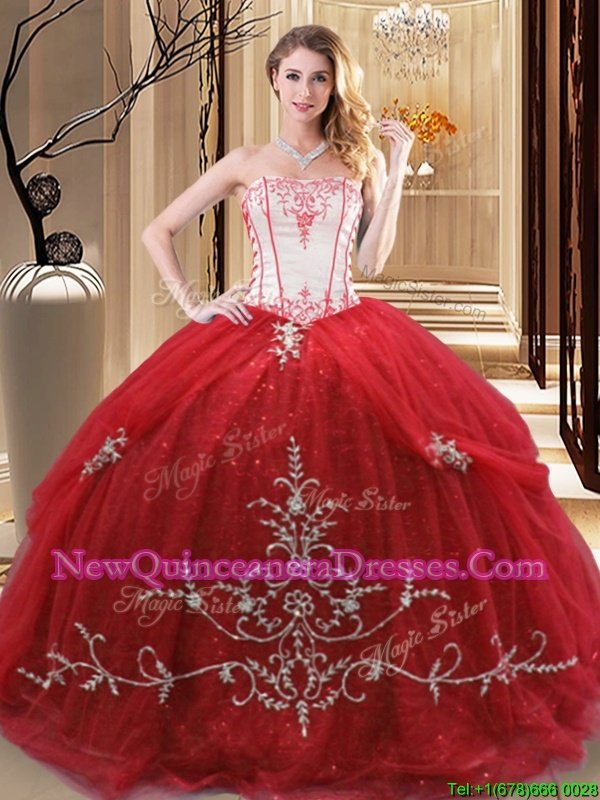 Shining Floor Length Red Quince Ball Gowns Tulle Sleeveless Spring and Summer and Fall and Winter Embroidery