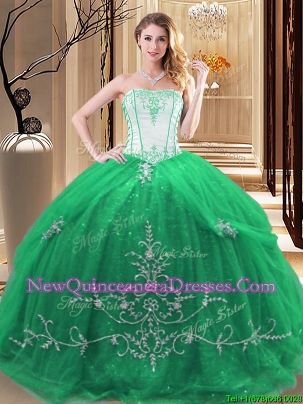 Flirting Green Tulle Lace Up Sweet 16 Quinceanera Dress Sleeveless Floor Length Embroidery