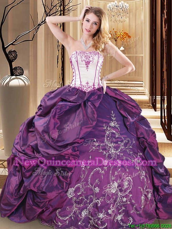 Super Purple Strapless Lace Up Embroidery Sweet 16 Dresses Sleeveless