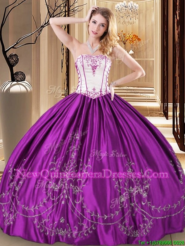 Purple Sleeveless Floor Length Embroidery Lace Up Ball Gown Prom Dress