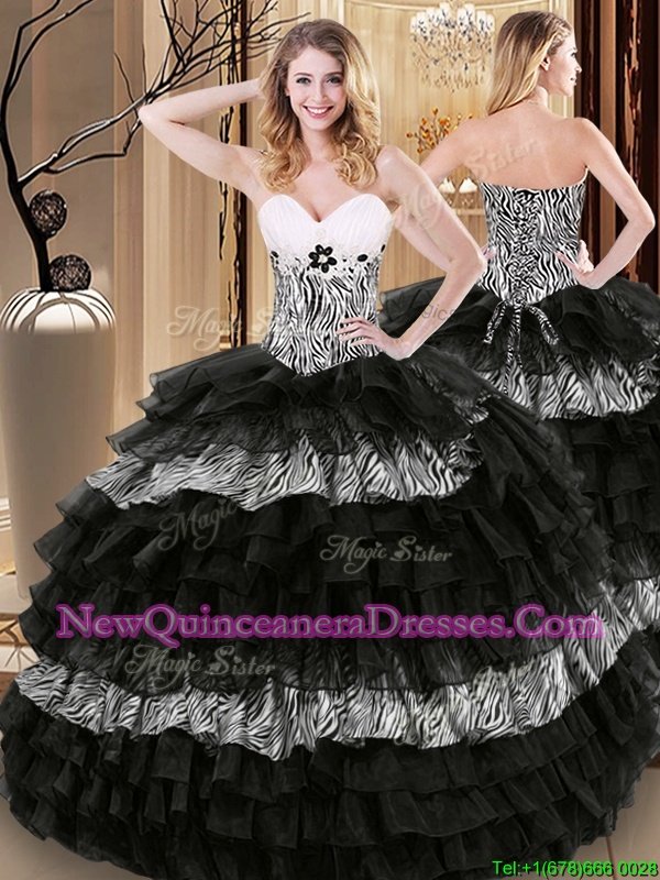 Ruffled Black Sleeveless Organza and Printed Lace Up Ball Gown Prom Dress for Military Ball and Sweet 16 and Quinceanera