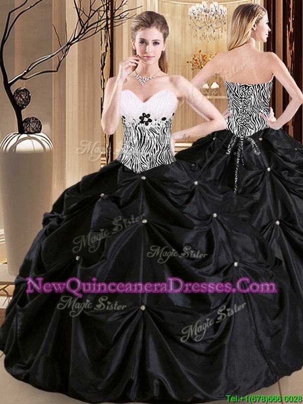 Modest Pick Ups Floor Length Ball Gowns Sleeveless Black Quinceanera Gown Lace Up