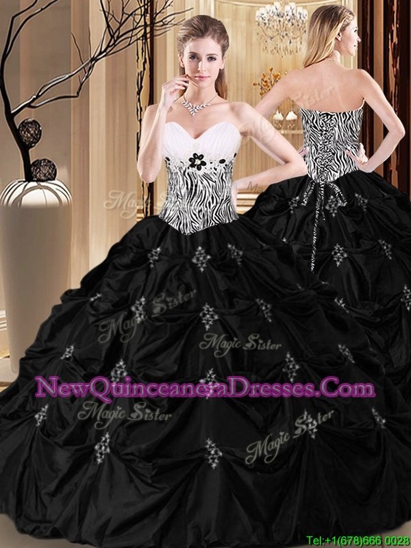 Discount Sweetheart Sleeveless Vestidos de Quinceanera Floor Length Appliques and Pick Ups and Pattern Black Taffeta