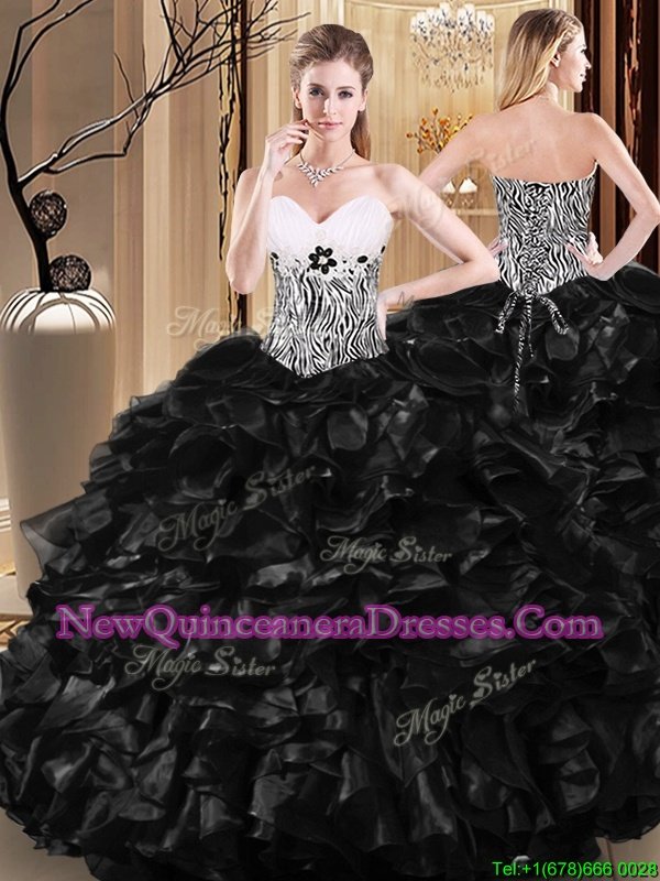 Tulle Sweetheart Sleeveless Lace Up Ruffles and Pattern Ball Gown Prom Dress inBlack