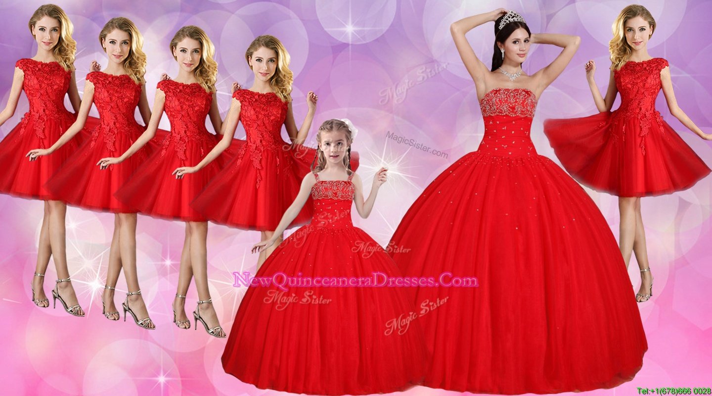 Super Floor Length Red Quinceanera Gown Strapless Sleeveless Lace Up